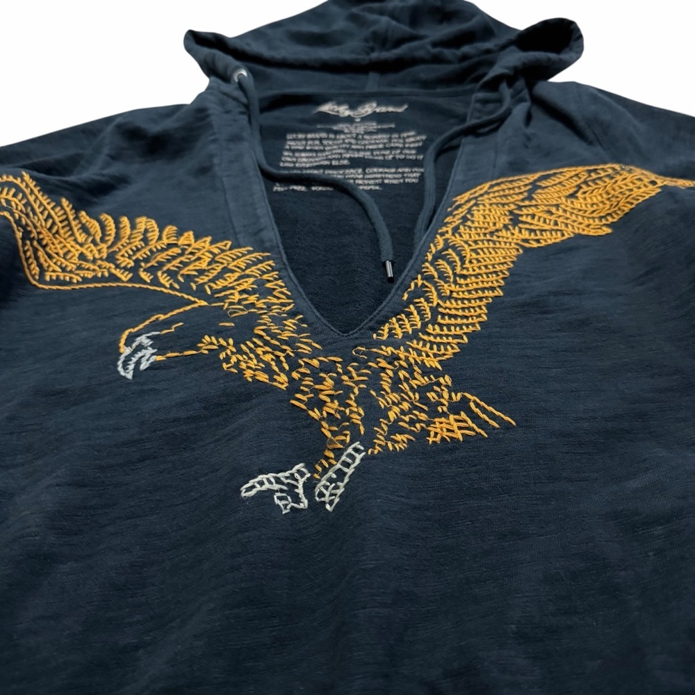 Lucky Brand Black Embroidered Eagle Hoodie Size Small Deep V Pullover Active - Picture 5 of 12
